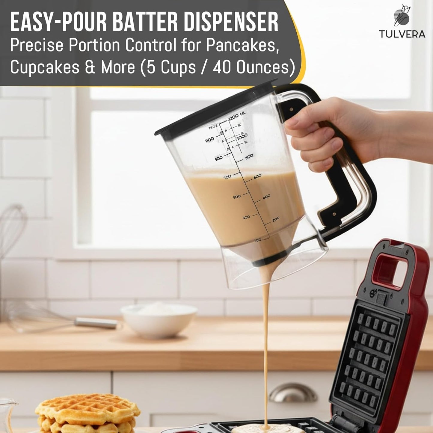 Pancake Batter Dispenser | 5-Cup Mix Pourer for Pancakes, Waffles, Crepes, Muffins, Cupcakes | Squeeze Handle, Portion Control Pitcher, Durable Drip-Free Design | Baking Accessories (Original Black)