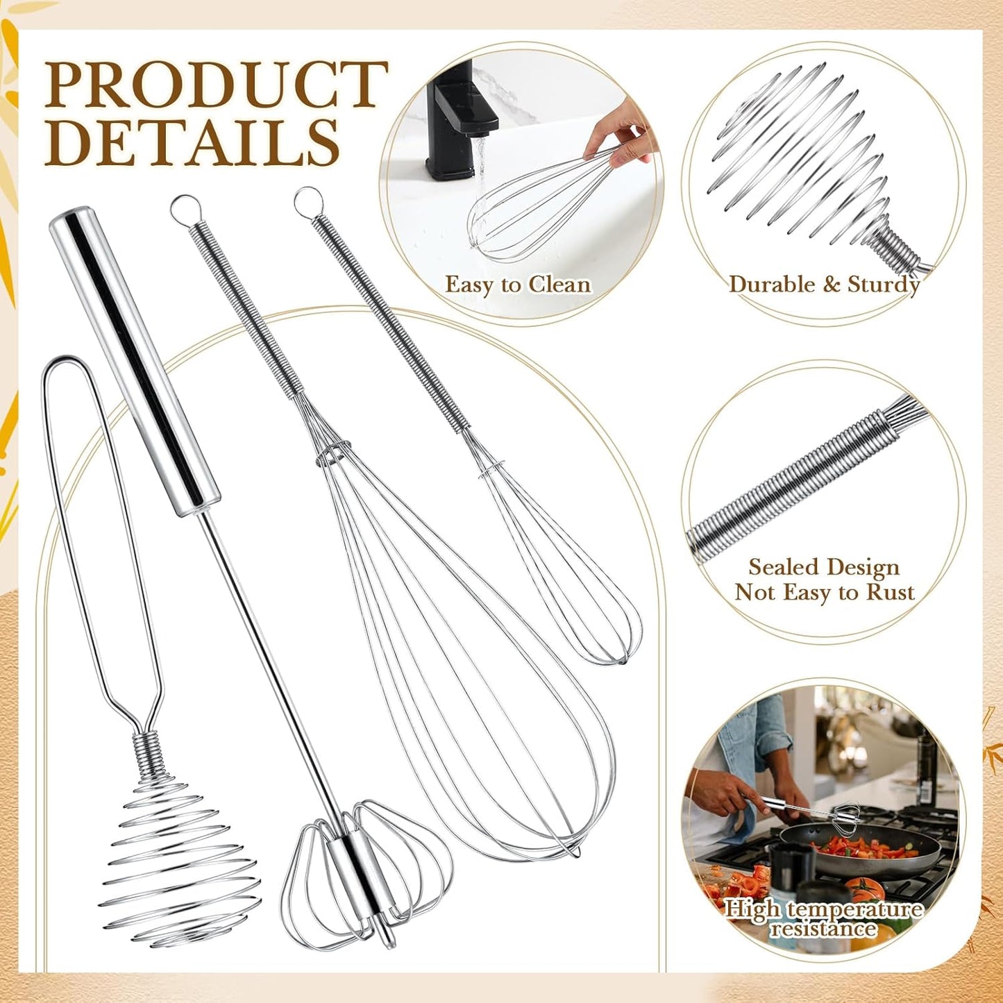 Teenyyou 10 Pcs Stainless Steel Whisks Set Egg Beater Semi Auto Whisk Blender Hand Push Beater Versatile Utensil for Kitchen Mixing Blending Beating Stirring Cooking 3 5 6 7 8 10 12 Inch
