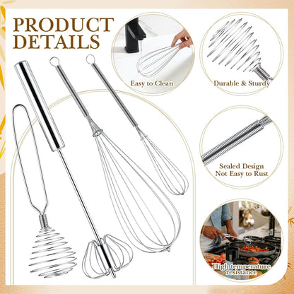Teenyyou 10 Pcs Stainless Steel Whisks Set Egg Beater Semi Auto Whisk Blender Hand Push Beater Versatile Utensil for Kitchen Mixing Blending Beating Stirring Cooking 3 5 6 7 8 10 12 Inch