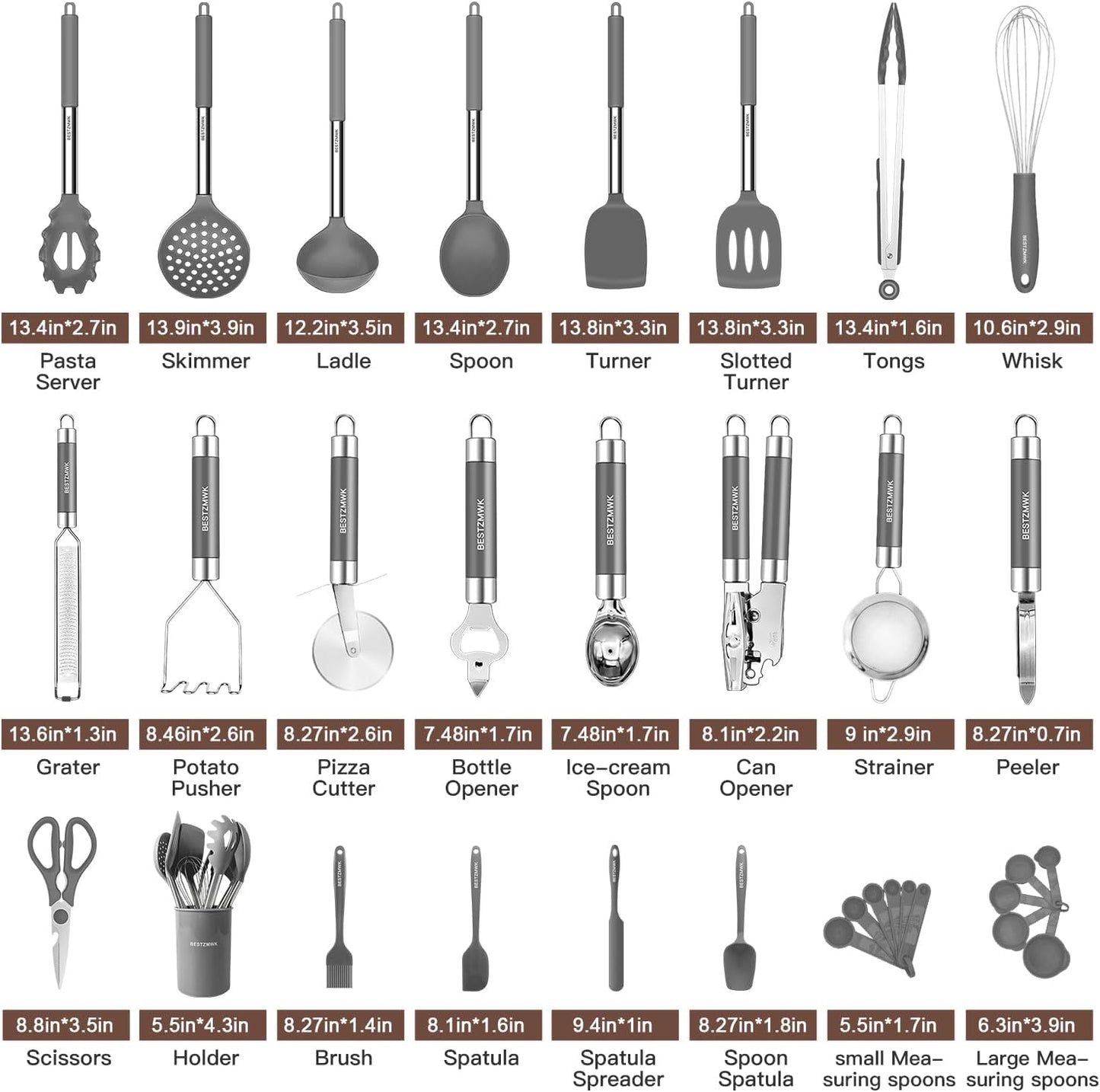 Kitchen Utensils Set-Silicone Cooking Utensils-32 pcs Non-Stick Silicone Cooking Kitchen Utensils Spatula Set with Holder-Best Kitchen Cookware with Stainless Steel Handle (Black)