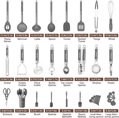 Kitchen Utensils Set-Silicone Cooking Utensils-32 pcs Non-Stick Silicone Cooking Kitchen Utensils Spatula Set with Holder-Best Kitchen Cookware with Stainless Steel Handle (Black)