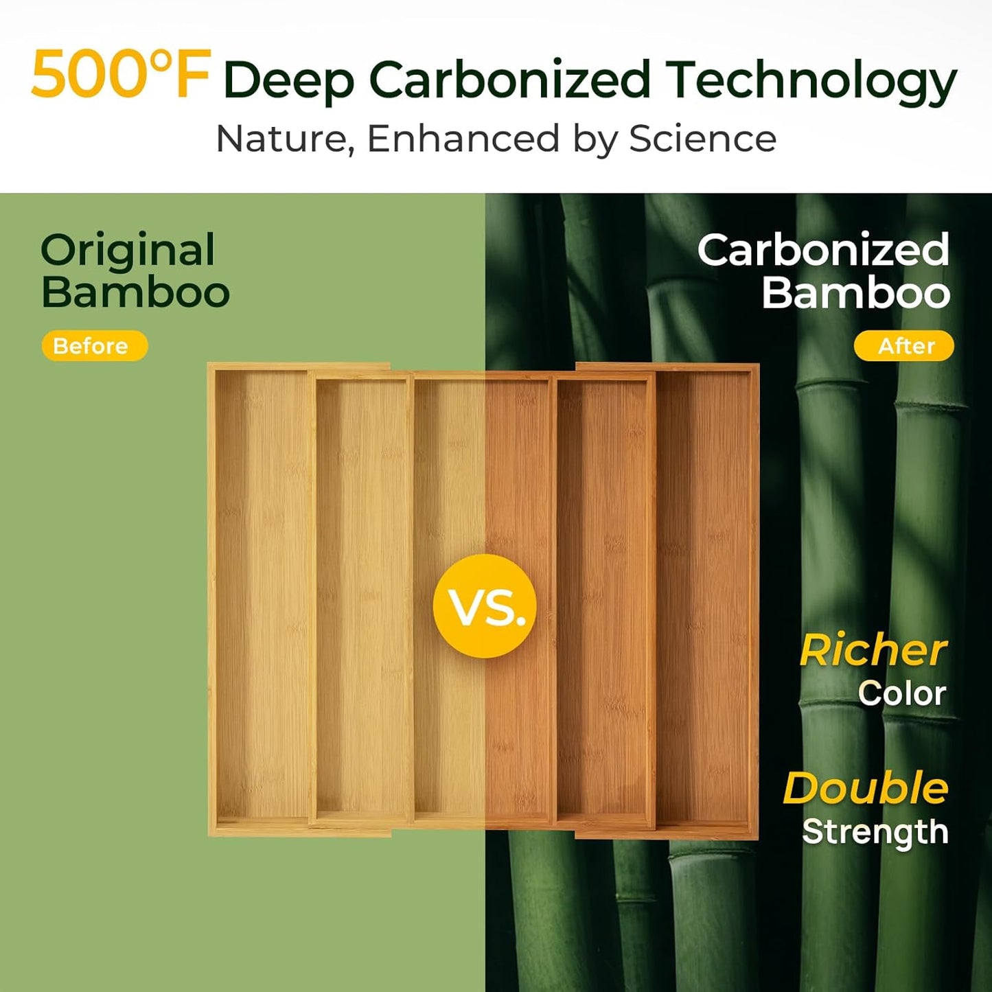 keechee Carbonized Bamboo Kitchen Drawer Organizer, 10 Slots Expandable Silverware Organizer, Utensil Holder & Cutlery Tray, 2.2" Deep for Extra Capacity, Non-Slip Feet Included