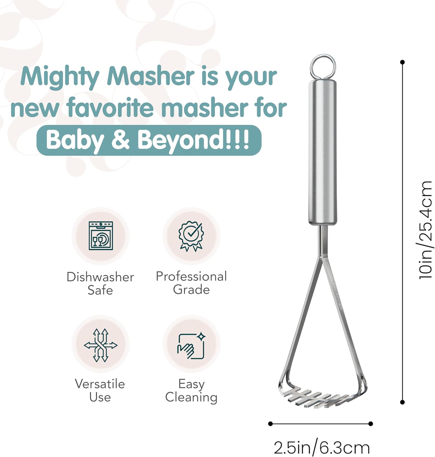 The 730 Project Mighty Masher, Baby Food Masher for Starting Solids Essentials, Baby-Led Weaning Mini Avocado and Potato Masher, Stainless Steel Potato Smasher Tool