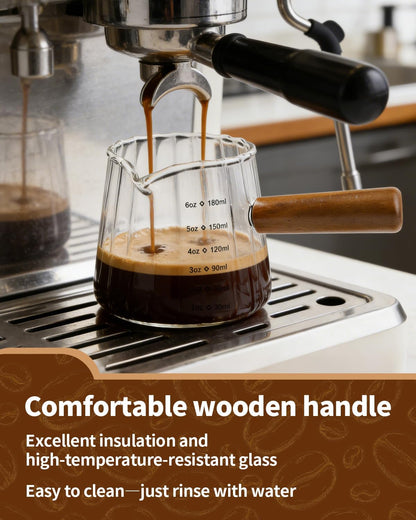 2 Pack Espresso Measuring Cup, 6oz Borosilicate Glass Espresso Cups with Wood Handle, V-Shaped Spout Milk Frothing Cup for Coffee, Tea, Syrup – Dishwasher Safe
