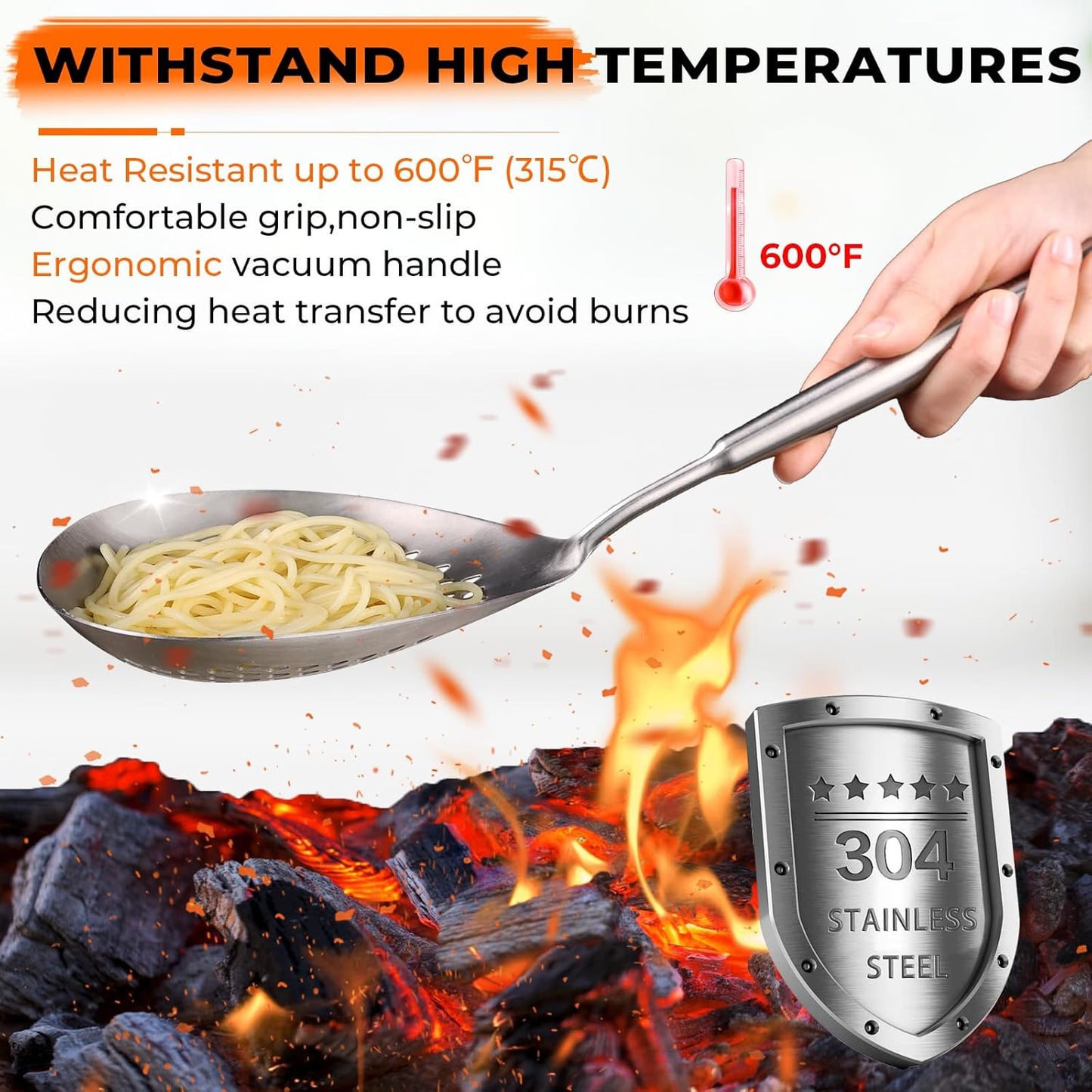 MARTE Skimmer Slotted Spoon Set of 4 - Kitchen Pasta Strainer Spoon - Spider Strainer Skimmer Ladle Spoon with Holder for Cooking and Frying Food, Spaghetti, Vegetable, Dumpling - 14.8In,16.5In,17In