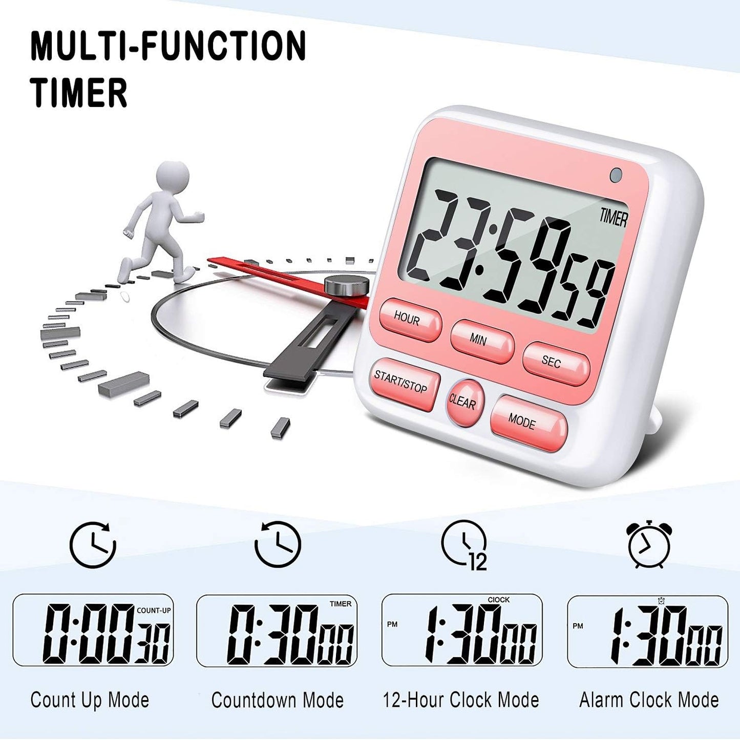 KTKUDY Digital Kitchen Timer with Mute/Loud Alarm Switch ON/Off Switch, 12-Hour Clock & Alarm, Memory Function Count Up & Count Down for Kids Teachers Cooking, Large LCD Display, Strong Magnet (Black)