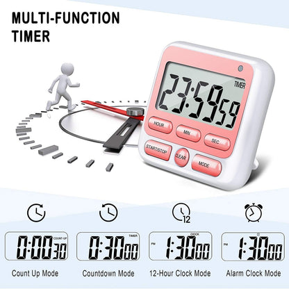 KTKUDY Digital Kitchen Timer with Mute/Loud Alarm Switch ON/Off Switch, 12-Hour Clock & Alarm, Memory Function Count Up & Count Down for Kids Teachers Cooking, Large LCD Display, Strong Magnet (Black)
