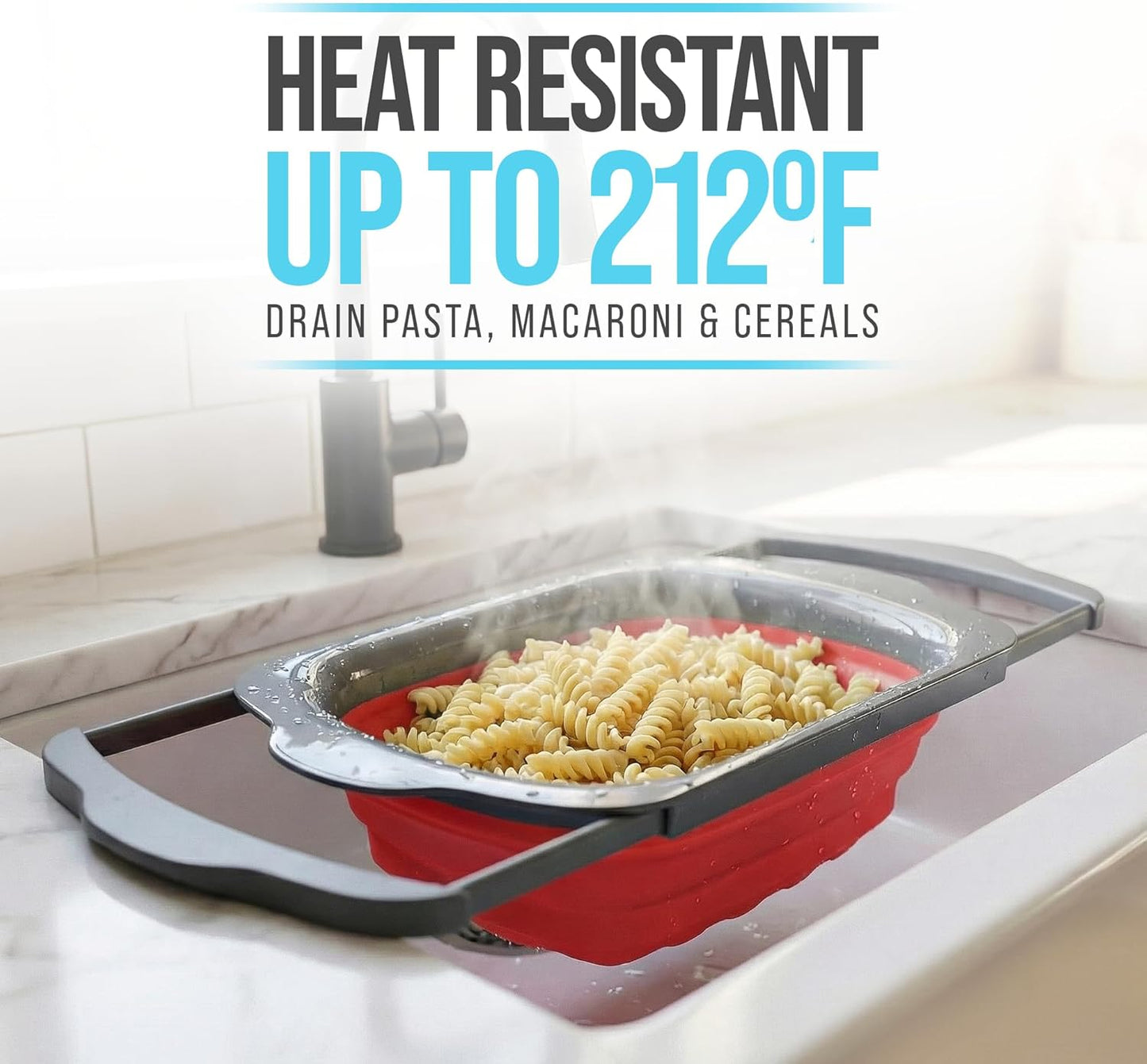 Comfify XL Large Kitchen Strainer - Collapsible Silicone Over - The-Sink Colander with Extendable Handles - Use with Pasta, Fruit, Berries & Veggie - 6 Quart - Blue
