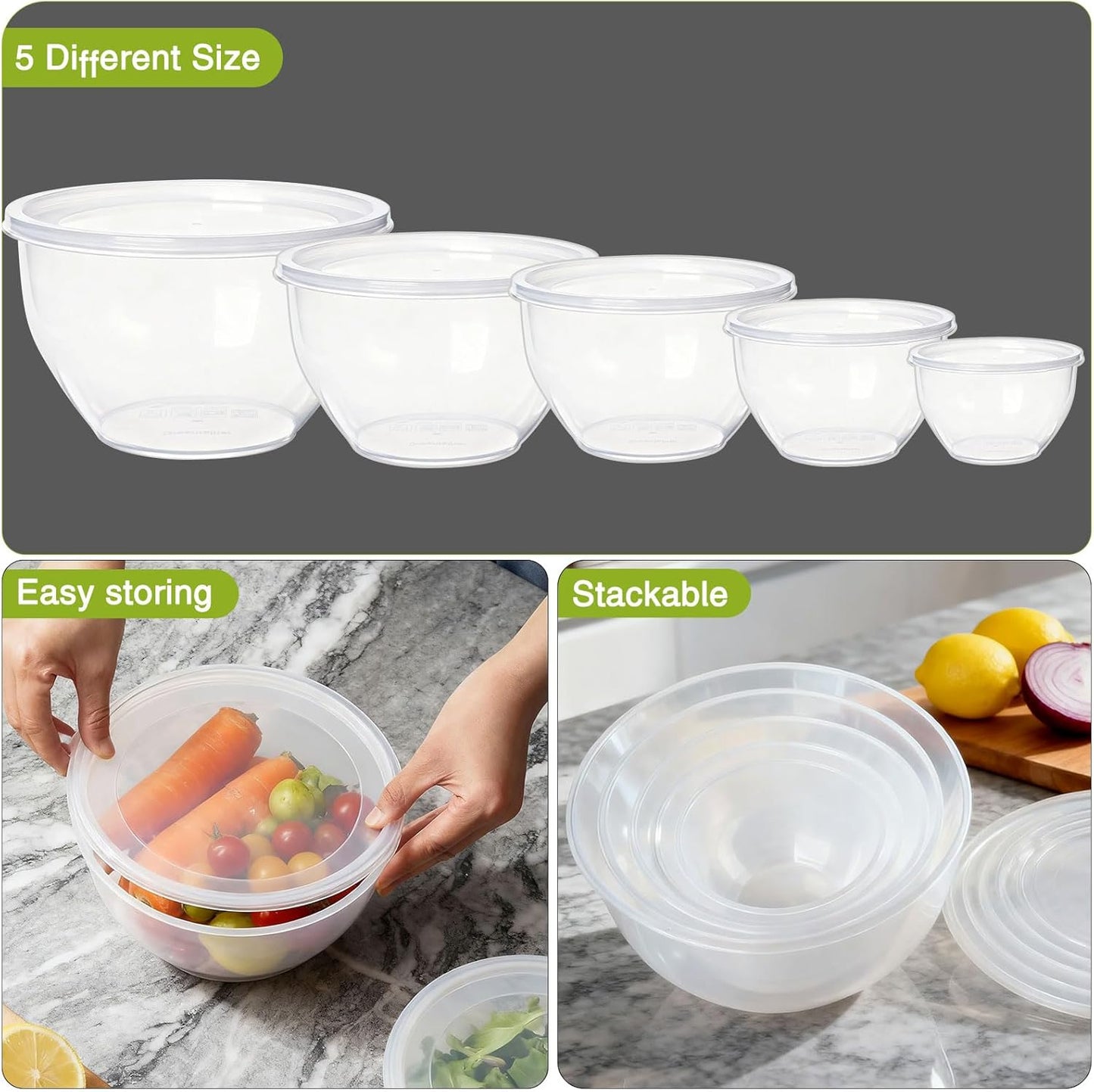 Greentainer Plastic Mixing Bowls with Lids Set for Kitchen, 5 Set Nesting Bowls for Mixing, Baking, Prepping, Cooking and Serving Food, Mixing Bowls Dishwasher, Microwave Safe