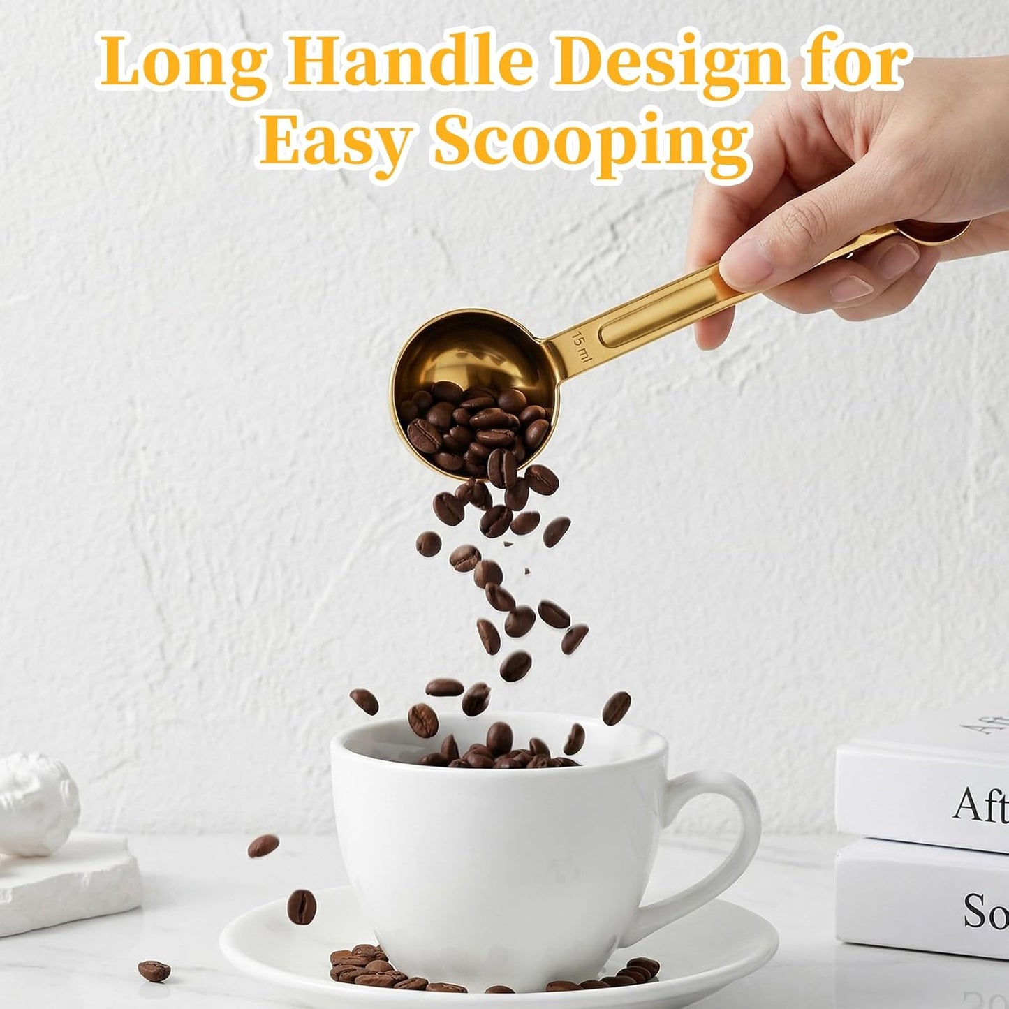 Double Sided Teaspoon Measuring Spoons, Stainless Steel 1 Tsp (5ml) & 1 Tbsp (15ml) Long-Handle Tablespoon Scoop, Space-Saving Gold Coffee Measuring Spoon for Coffee Milk Cooking Baking (8.64 Inch)