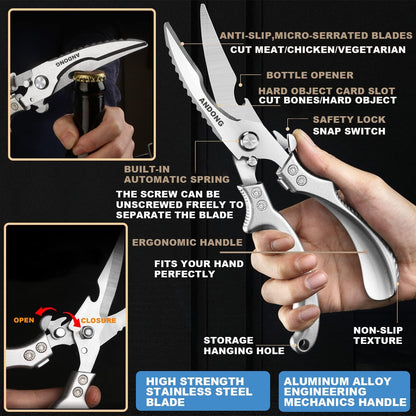 ANDONG Upgrade Heavy Duty Stainless Steel Kitchen Scissors - Professional Poultry Shears for Bone, Meat, Chicken, Fish, Turkey, Vegetables,Spring Loaded Multipurpose Ultra Sharp Utility Scissors
