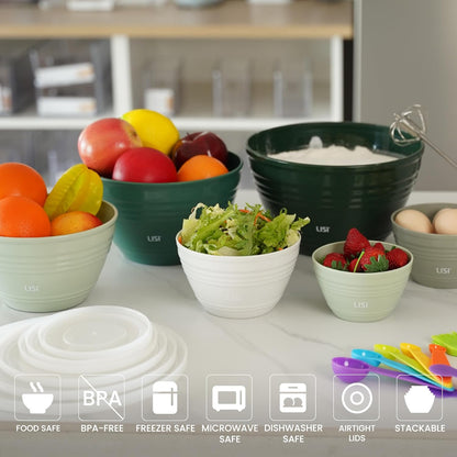 LISI 23Pcs Mixing Bowls Set with Lids, Airtight BPA-Free Nesting Bowls for Mixing, Baking, Cooking & Storage, Dishwasher Safe Serving Bowl, Includes Spatula, Spoons, Brush & Whisk