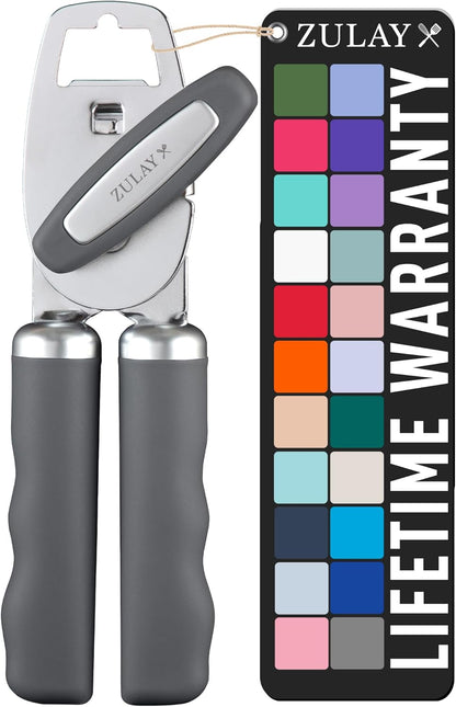 Zulay Kitchen Heavy Duty Stainless Steel Can Opener Manual with Bottle Opener - Rust Proof Manual Can Opener With Turn Knob & Comfy Soft Grip Handles - Black