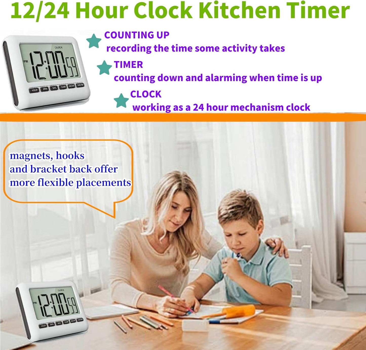 Magnetic Digital Clock for Kitchen - Timer with Alarm, 12/24 Hours, Big Screen, Loud Alarm & Strong Magnet - Count-Up & Count Down for Baking, Sports, Office, Study - Black