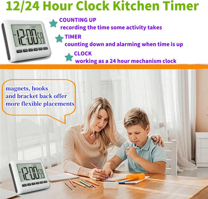 Magnetic Digital Clock for Kitchen - Timer with Alarm, 12/24 Hours, Big Screen, Loud Alarm & Strong Magnet - Count-Up & Count Down for Baking, Sports, Office, Study - Black