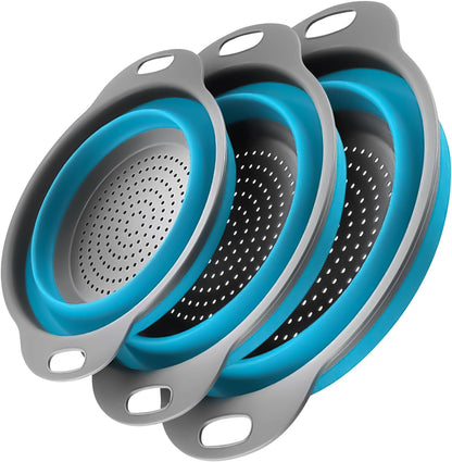 Collapsible Colander Set of 3 - Heat Resistant Washing and Draining of Vegetables Fruits Pasta - Perfect for Kitchen and Travel Use (3PCS-Blue)