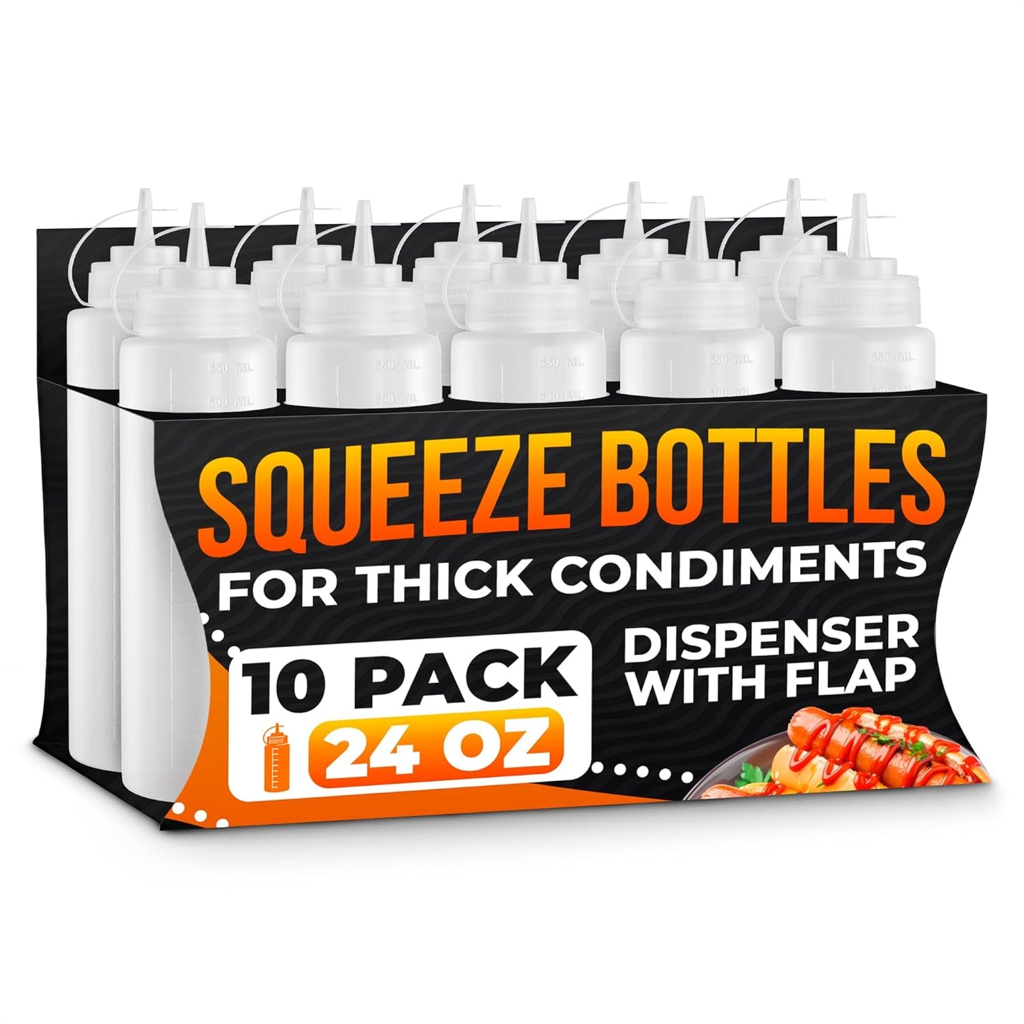 Set of 6 Inverted Condiment Squeeze Bottles 16 oz – Upgraded Design with Added Sealing Gaskets, Self-Closing Valve, Easy-to-Fill Clear Bottles for Sauces, Dressings, Ketchup, Mustard for Everyday Use