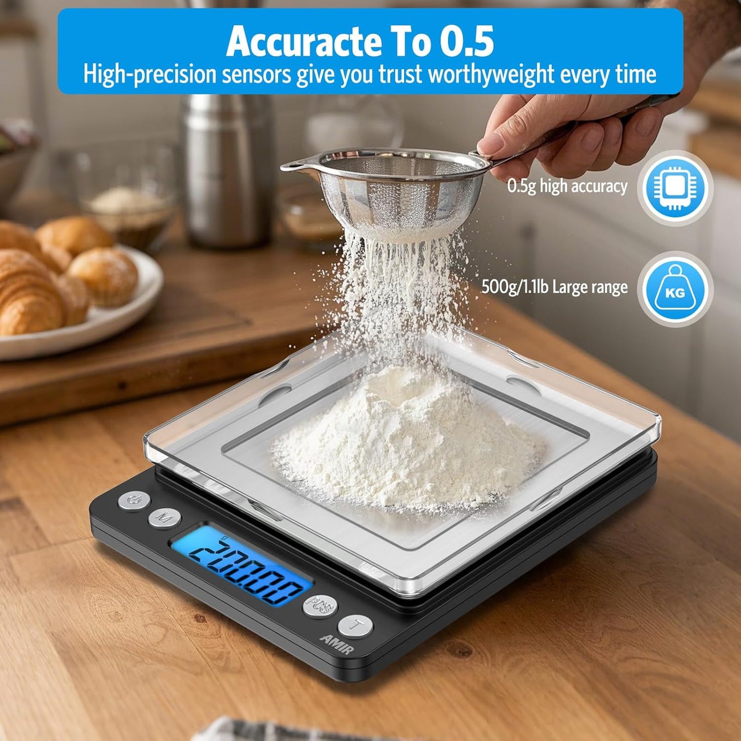 (Upgraded) AMIR Digital Kitchen Scale, 500g Mini Pocket Jewelry Scale, Food Scale, Coffee Scale, Back-Lit LCD Display, 2 Trays, 6 Units, Auto Off, Tare, PCS, Stainless Steel (Batteries Included)
