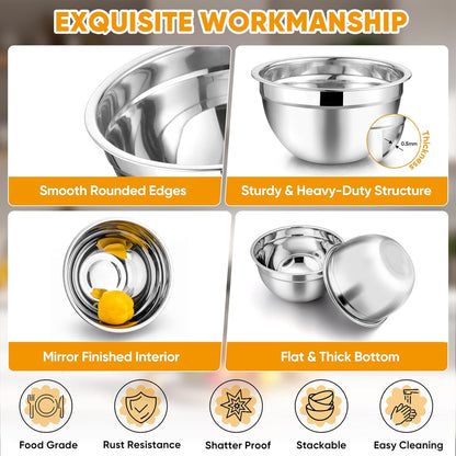 TeamFar Mixing Bowls with Lids, 5-Piece Stainless Steel Metal Nesting Salad Bowl for Mixing Prepping, Healthy & Heavy Duty, Airtight Lids & Dishwasher Safe, 4.5/3/1.5/1/0.7 QT-Khaki
