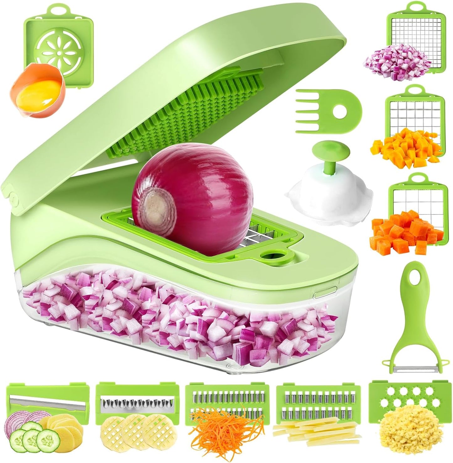 17-in-1 Vegetable Chopper, Multifunctional Veggie Chopper Dicer, Vegetable Cutter with Container, French Fry Cutter for Potatoes, Onion Chopper with Hand Guard, Kitchen Gadgets for Salad, Fruit