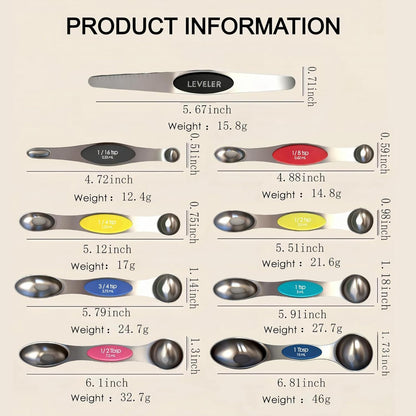 Stainless Steel Magnetic Measuring Spoons Set of 9 with Leveler,Dual Sided, Stackable, Adjustable Teaspoon and Tablespoon, Measuring Liquids and Dry Ingredients, Baking& Cooking Gadgest,Multicolor