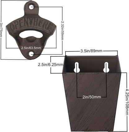 Satin Black Cast Iron Bottle Opener Wall Mounted with Bottle Cap Catcher Narrow