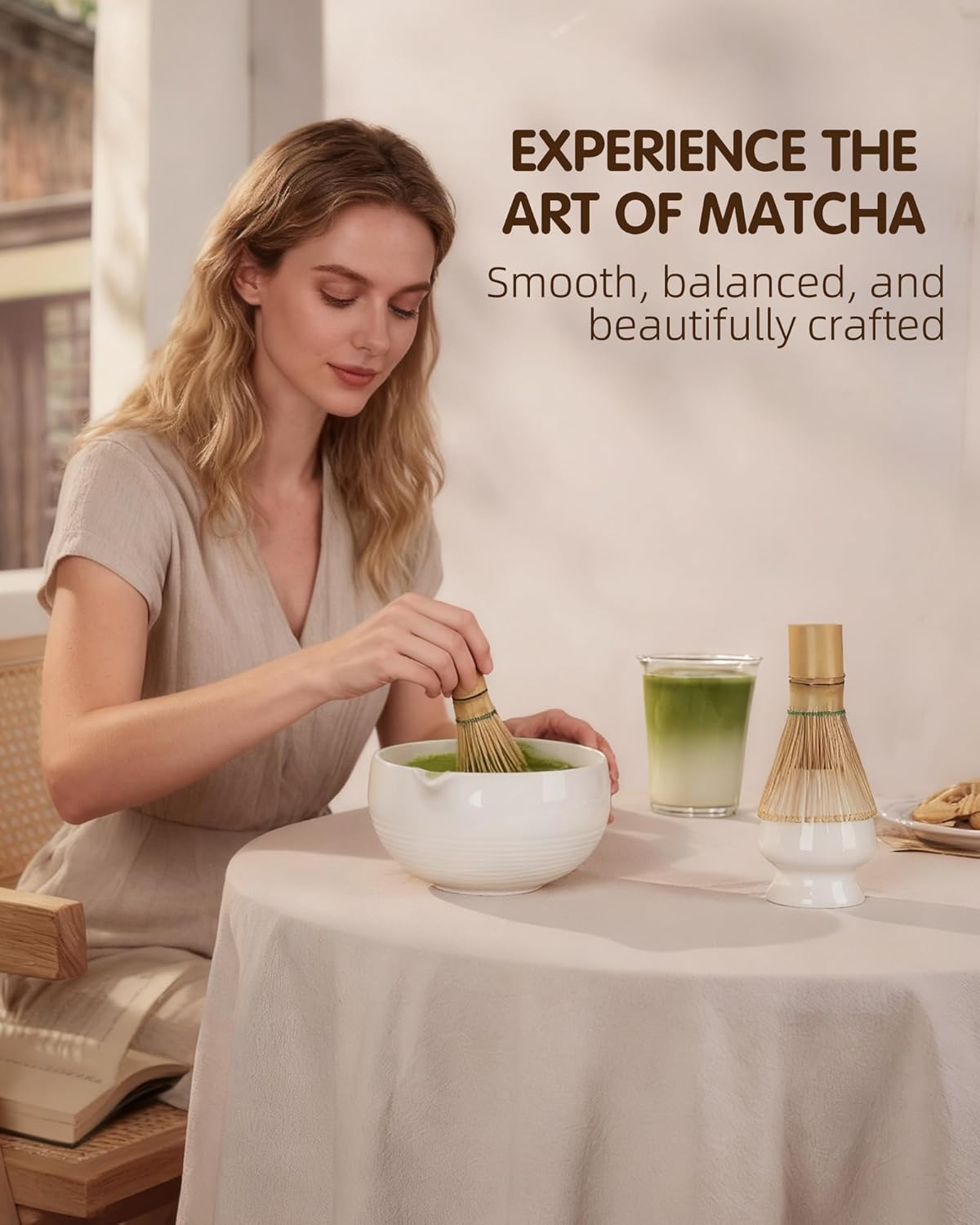 ZENS Pink Matcha Set, Matcha Whisk Set Includes 15oz Ceramic Bowl & (Chasen Holder), Bamboo Whisk & Scoop, Sifter and Pink Tea Towel, 6pcs Matcha Kit for Matcha Lovers