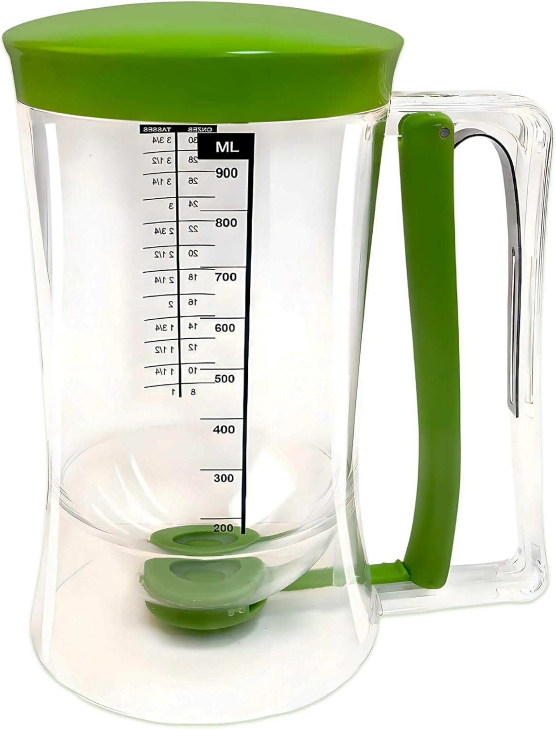 Pancake Batter Dispenser with Measuring Label, 4 Cup Capacity, 900ml With Squeeze Handle Kitchen Dispenser Bottle for Pancakes, Waffles, Muffins, Green