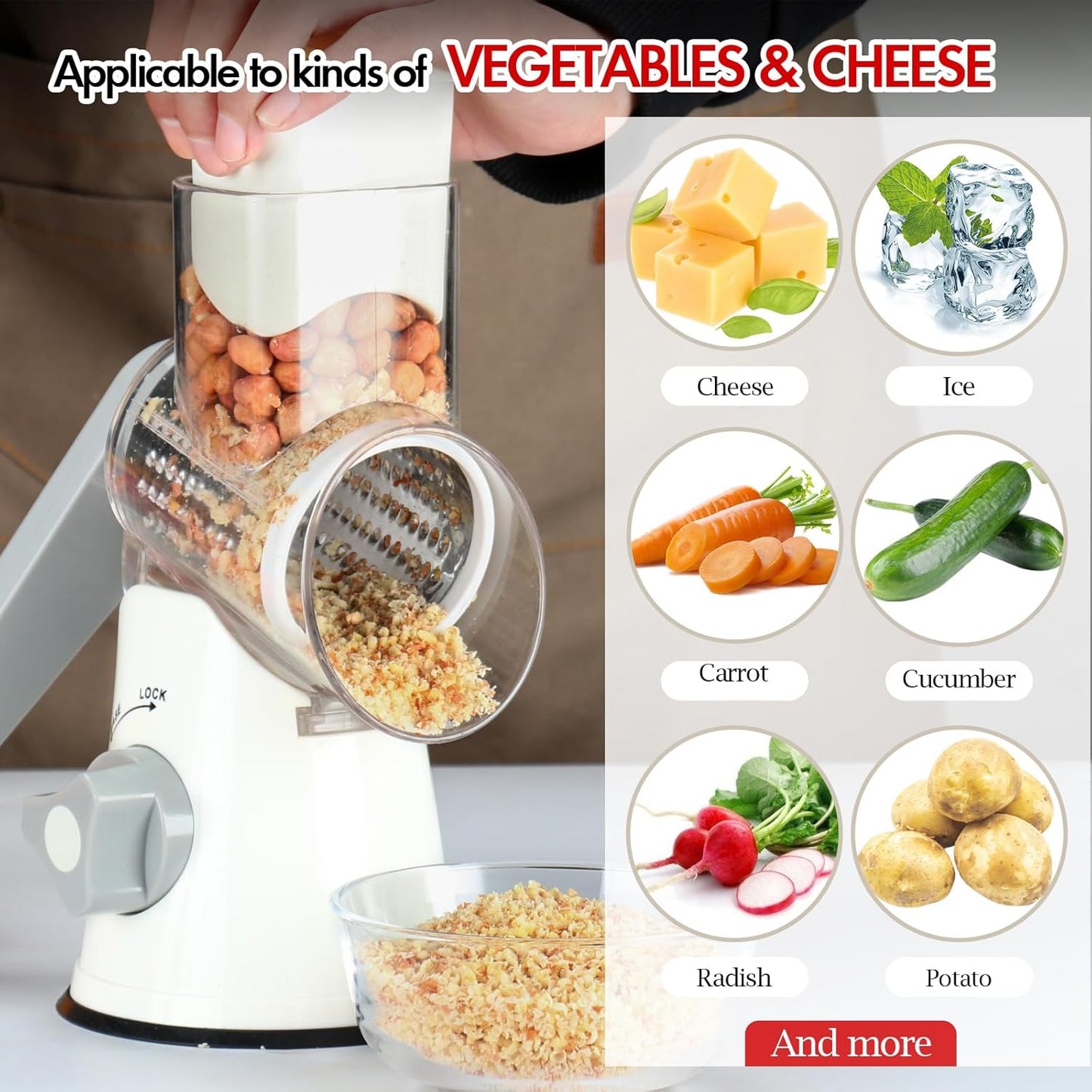 Ourokhome Rotary Cheese Grater Hand Crank, Kitchen Shredder Speed Mandolin Slicer Nut Grinder with Handle and Drum Blades for Cheese, Vegetable, Walnut, Chocolate, Potato, Carrot, 3 Blades, Dark Blue