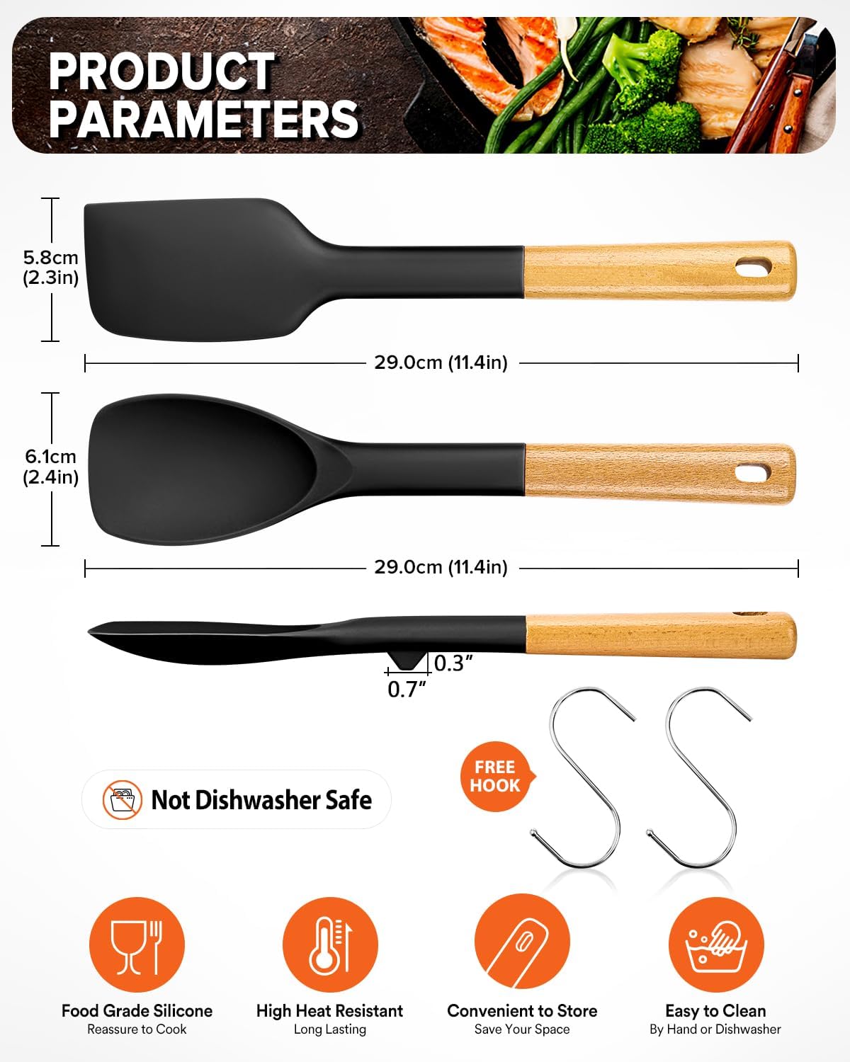Silicone Spatula and Spoonula Set, Great For Stirring, Tough Mixing and Folding, Sturdy Bpa-Free Matte Silicone, Wooden Handle Rubber Scraper For Nonstick Cookwares (Grey)