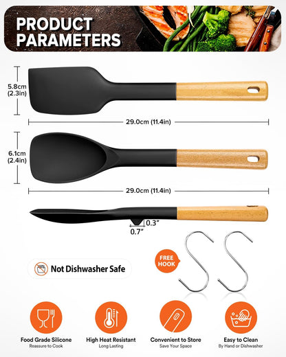 Silicone Spatula and Spoonula Set, Great For Stirring, Tough Mixing and Folding, Sturdy Bpa-Free Matte Silicone, Wooden Handle Rubber Scraper For Nonstick Cookwares (Grey)