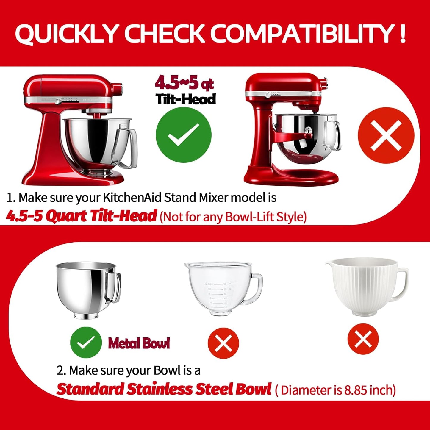 Pouring Shield for KitchenAid Tilt Head 4.5-5 QT (for Stainless Steel Bowls Only), for Kitchen aid Accessories and Attachments, Fully Enclosed Foldable Lid Mixer Bowl Cover & Flour Funnel