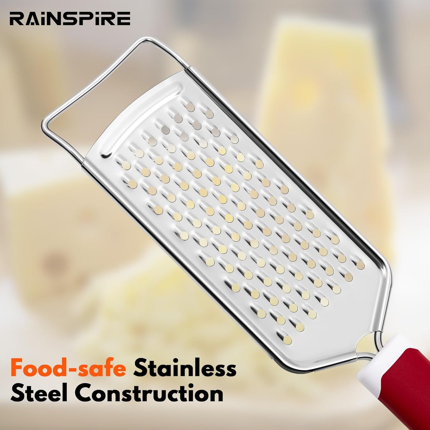 Rainspire Professional Cheese Graters for Kitchen Stainless Steel Handheld, Metal Lemon Zester Grater With Handle For Cheese, Chocolate, Spices, Kitchen Gadgets And Tools, Soft Grip Handle, Black