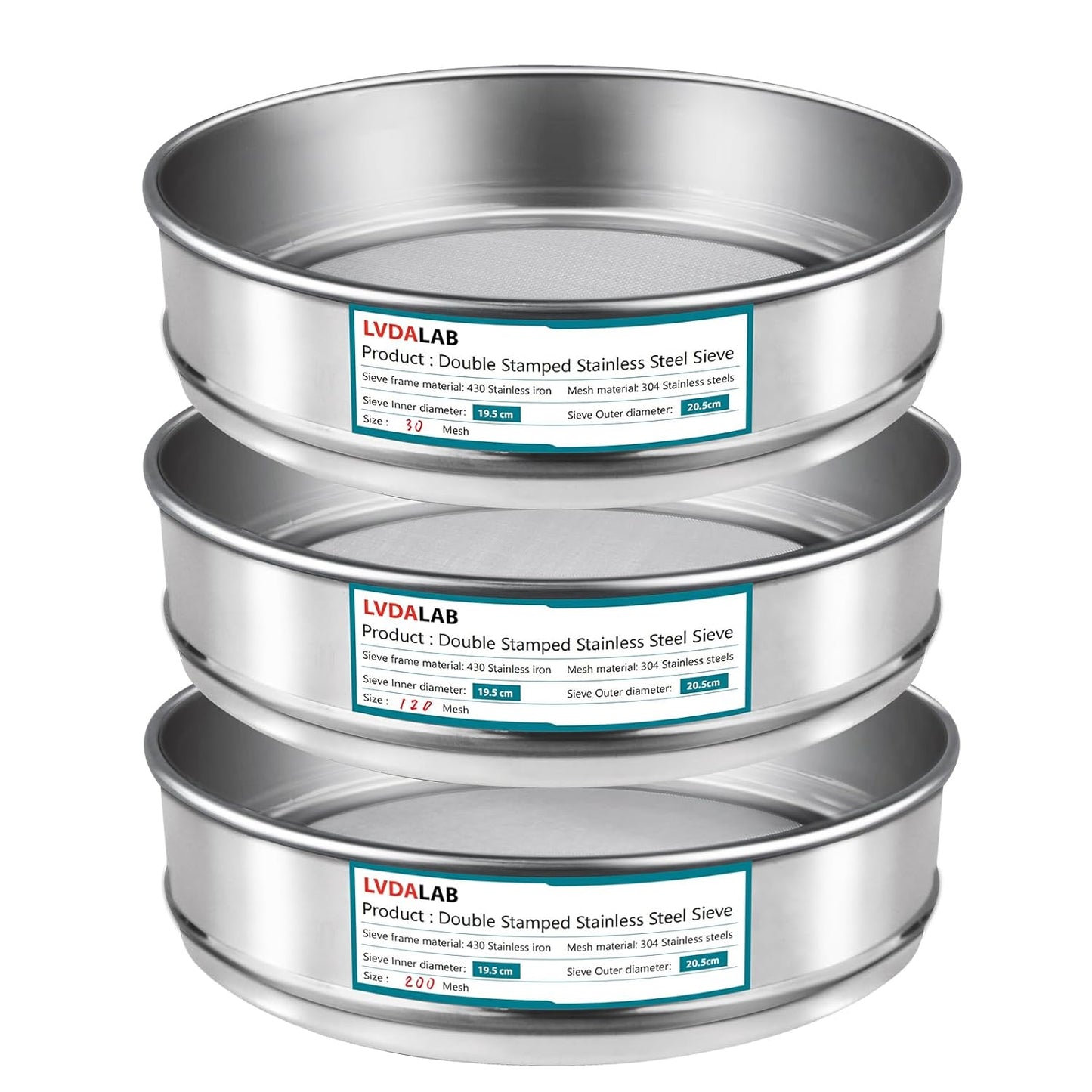 3 Pack 304 Stainless Steel Mesh Lab Sieves, 200mesh 0.075mm, 80 Mesh 0.2mm, 10 Mesh 2mm Aperture Test Sieve,7.9in/20cm Dia Economy Test Sieve for Industrial Laboratory Homes