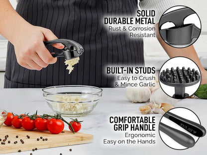 Zulay Kitchen Premium Garlic Press Set - Rust Proof Professional Garlic Mincer Tool - Easy-Squeeze, Easy-Clean with Soft, Ergonomic Handle - Silicone Garlic Peeler & Brush (Silver)