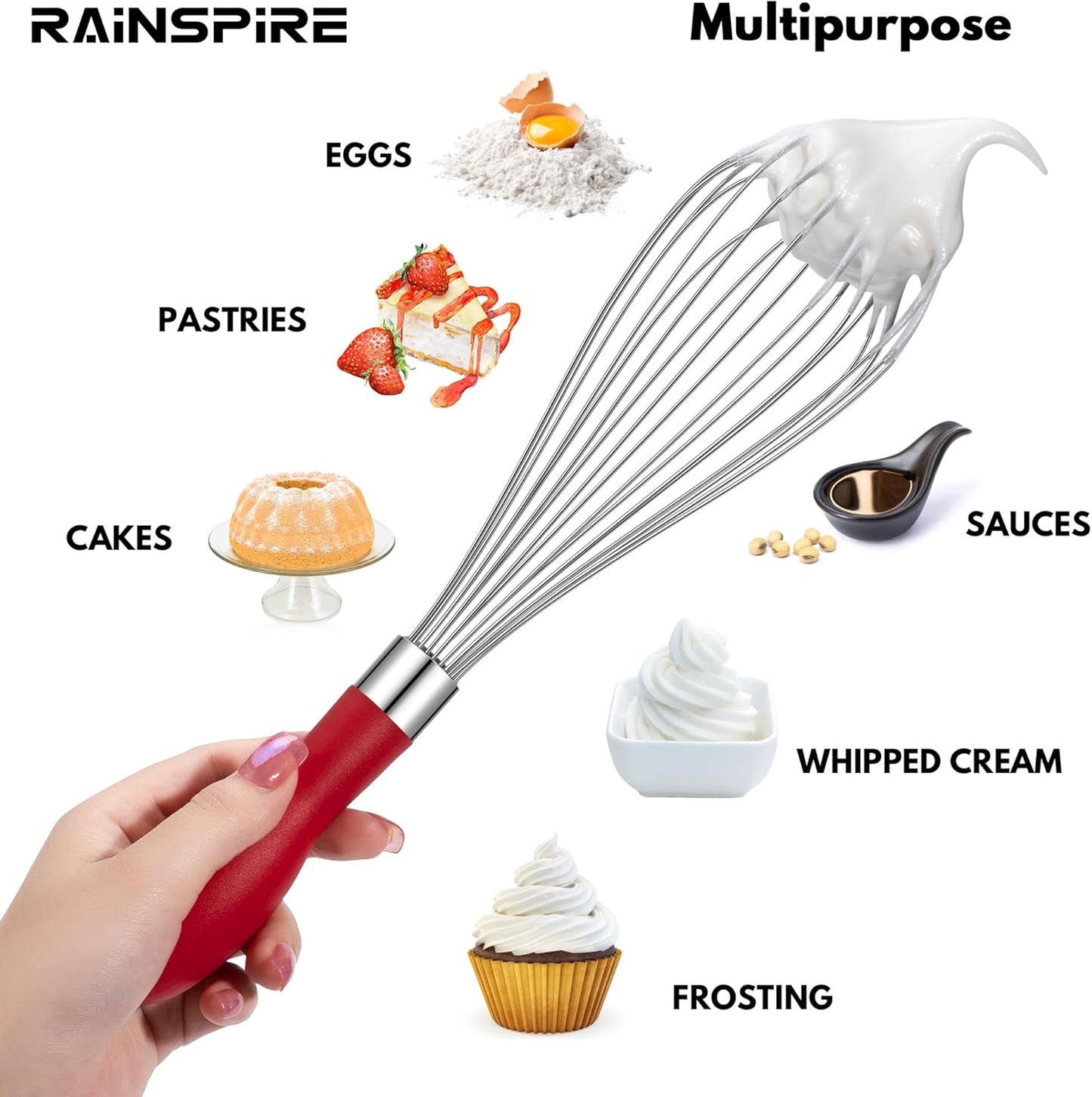 Rainspire 12-Inch Wire Whisk Stainless Steel, Balloon Whisks for Cooking, Wisk Wisking Tool With Soft Silicone Handle, Thick Durable Whisker for Blending, Beating, Whisking, Stirring, Pink