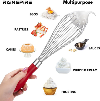 Rainspire 12-Inch Wire Whisk Stainless Steel, Balloon Whisks for Cooking, Wisk Wisking Tool With Soft Silicone Handle, Thick Durable Whisker for Blending, Beating, Whisking, Stirring, Pink