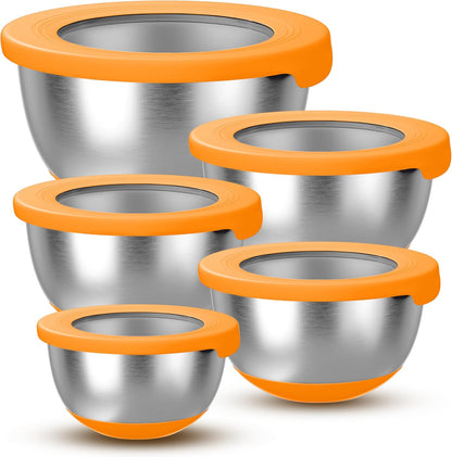KITEISCAT Stainless Steel Mixing Bowls with Lids – Set of 5 Large Nesting Metal Bowls for Kitchen, Baking, Cooking, Food Prep & Storage, Non-Slip Base, Dishwasher Safe,Khaki