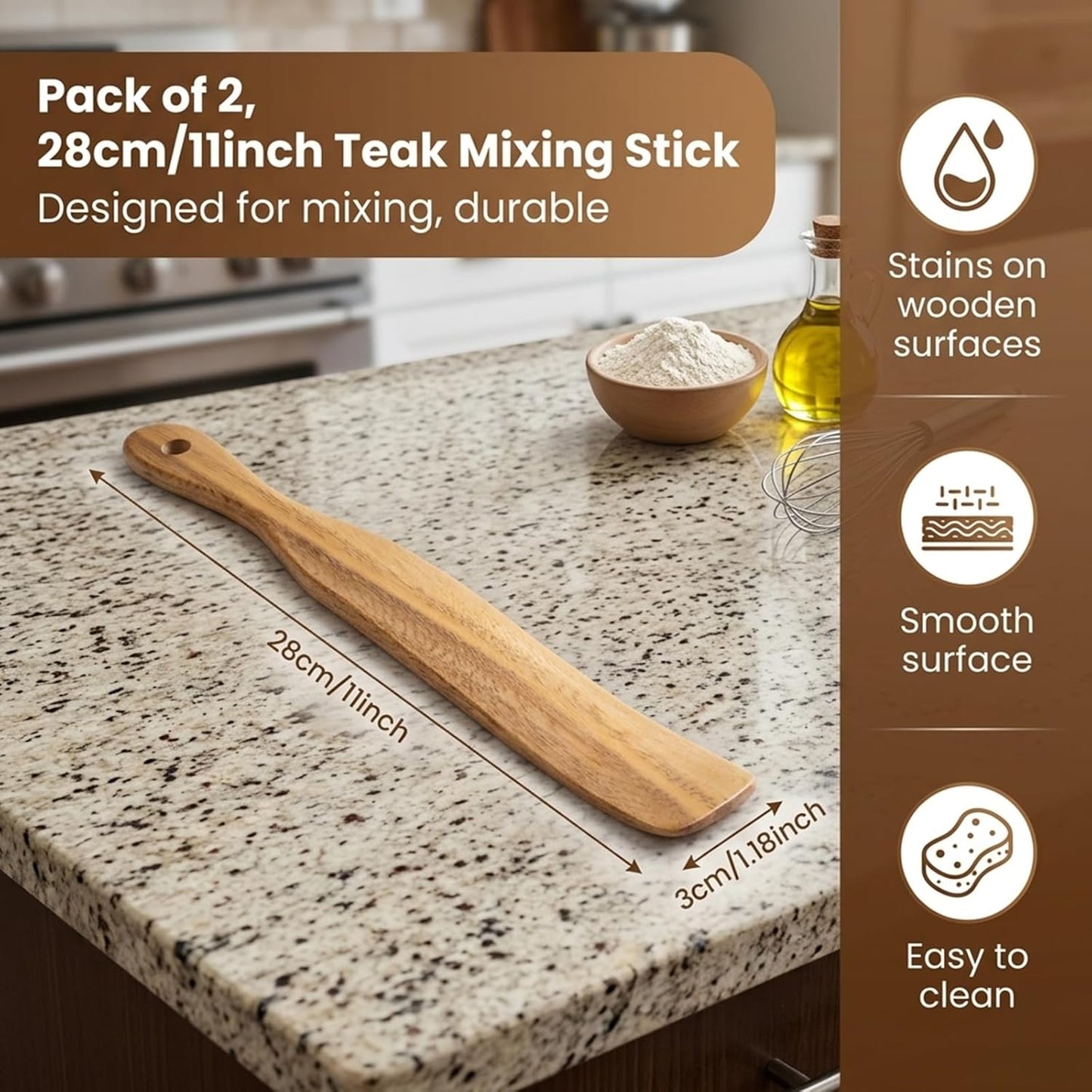 Jeffdad 2 Pcs Wooden Spurtle for Sourdough Starter, Dough Whisk Long Handle Jar Spatula Non-Stick Spurtles Kitchen Tools for Baking Cooking Stirring Mixing