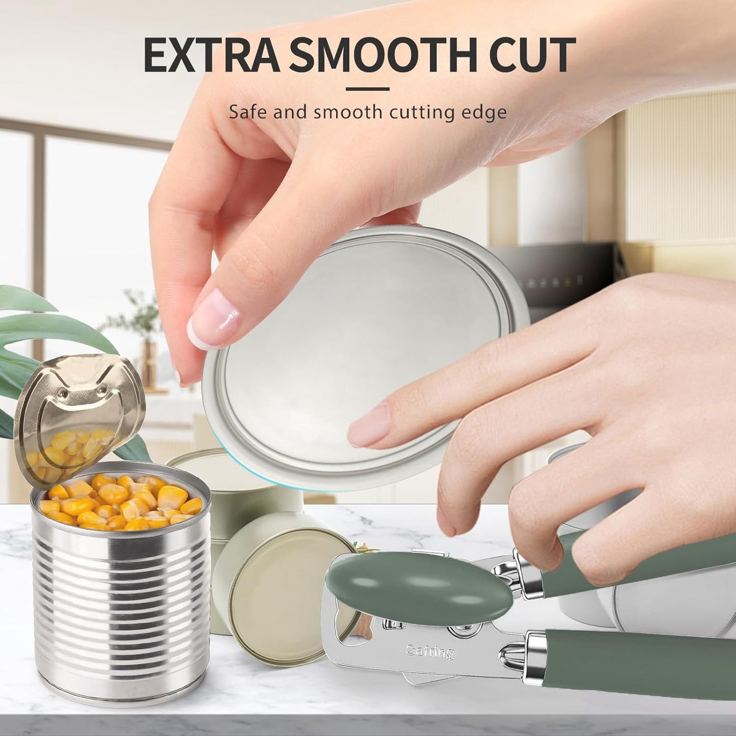 Safring Can Opener Manual, Heavy Duty Stainless Steel Smooth Edge Can Openers With Soft Touch Handle, Oversized Handheld Easy Turn Knob, Multi-Function Bottle Opener, Black