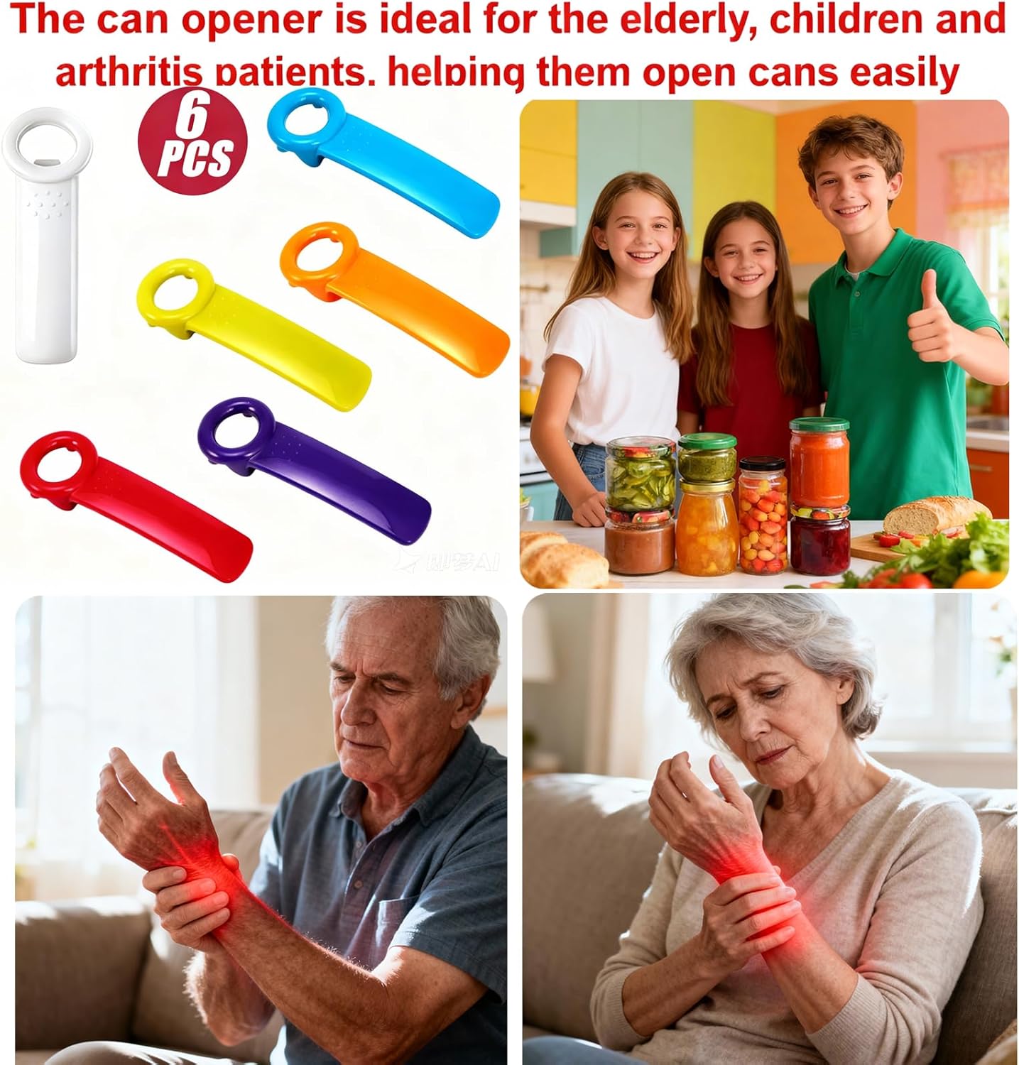 6 Pcs Jar Key Opener for Weak Hands, Elderly & Children - Plastic Jar Lid Opener with Easy Grip Hand Held 5.5" Colorful Design