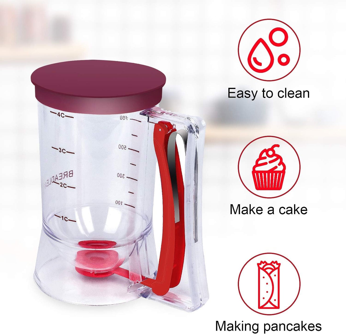 BBSTARZ Pancake Batter Dispenser – 4-Cup Batter Dispenser with Squeeze Handle & Measuring Marks for Pancakes, Waffles, Muffins, Crepes & Cupcakes – Baking Tool(Red)