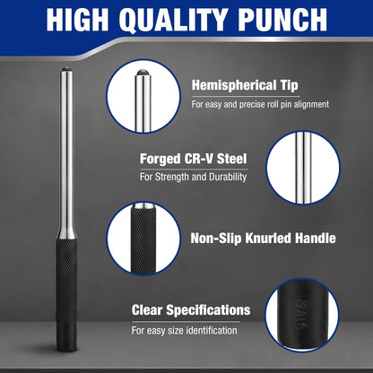 WORKPRO 9-Piece Roll Pin Punch Set with Tweezers, Forged CR-V Steel, Punch Tool Set with Nylon Pouch, Pin Removal Tool for Automotive, Watch Repair, Jewelry and Craft