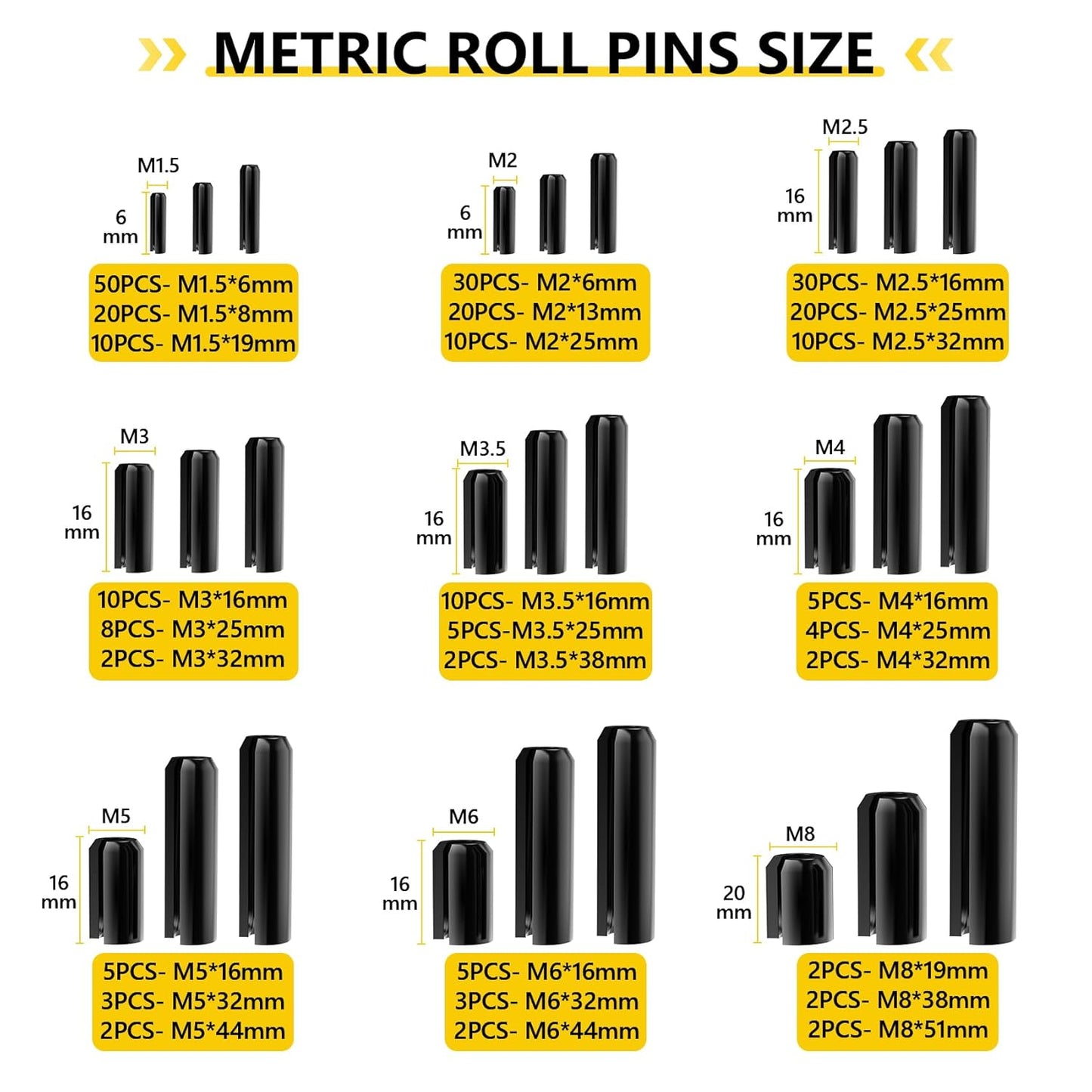 274 Pcs Roll Pin Set, Slotted Metric Roll Pins 65Mn Steel - M1.5 M2 M2.5 M3 M3.5 M4 M5 M6 M8 for Home Automotive Repair