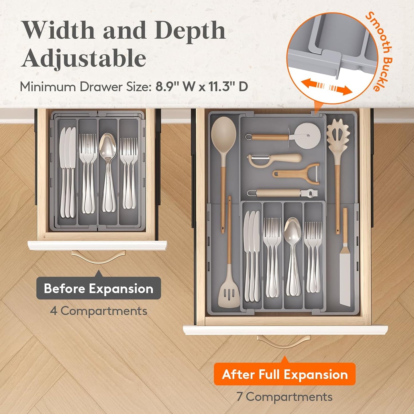 Lifewit Silverware Drawer Organizer, Expandable Utensil Tray for Kitchen, BPA Free Flatware and Cutlery Holder, Adjustable Plastic Storage for Spoons Forks Knives, 4-7 Slots, Black