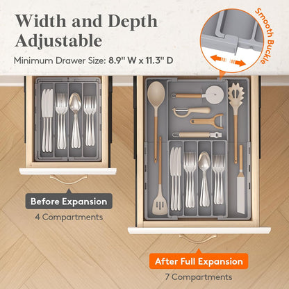 Lifewit Silverware Drawer Organizer, Expandable Utensil Tray for Kitchen, BPA Free Flatware and Cutlery Holder, Adjustable Plastic Storage for Spoons Forks Knives, 4-7 Slots, Black