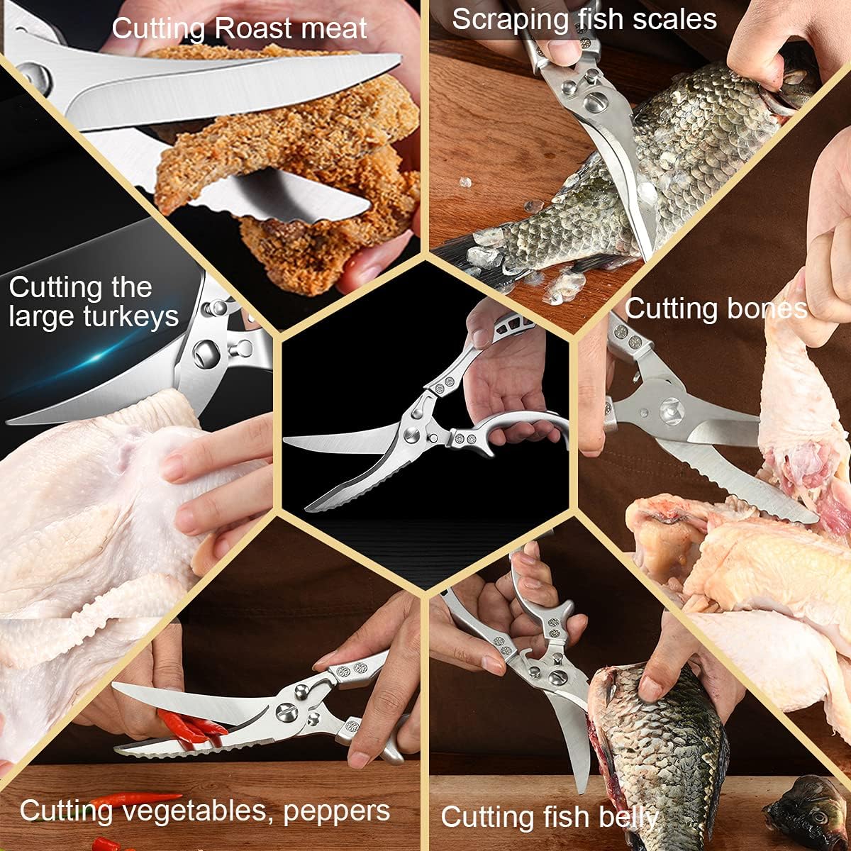 ANDONG Upgrade Heavy Duty Stainless Steel Kitchen Scissors - Professional Poultry Shears for Bone, Meat, Chicken, Fish, Turkey, Vegetables,Spring Loaded Multipurpose Ultra Sharp Utility Scissors