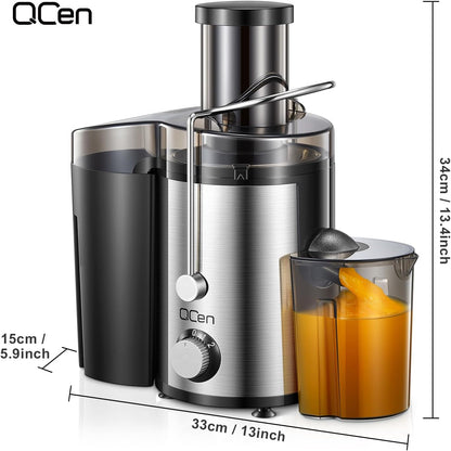Qcen Juicer Machine, 500W Centrifugal Juicer Extractor with Wide Mouth 3” Feed Chute for Fruit Vegetable, Easy to Clean, Stainless Steel, BPA-free (Black)