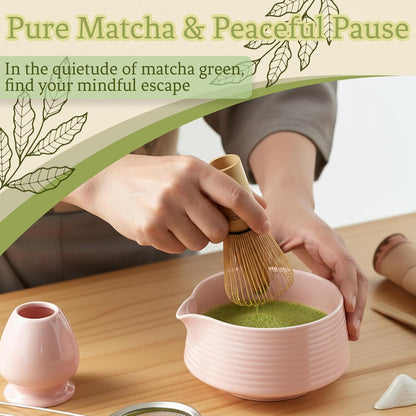 8 Pcs Matcha Whisk Set Chasen Matcha Whisk Bamboo Bowl with Spout Sifter Spoon Scoop Whisk Holder Bamboo Mat Complete Matcha Making Kit (Red Petal)