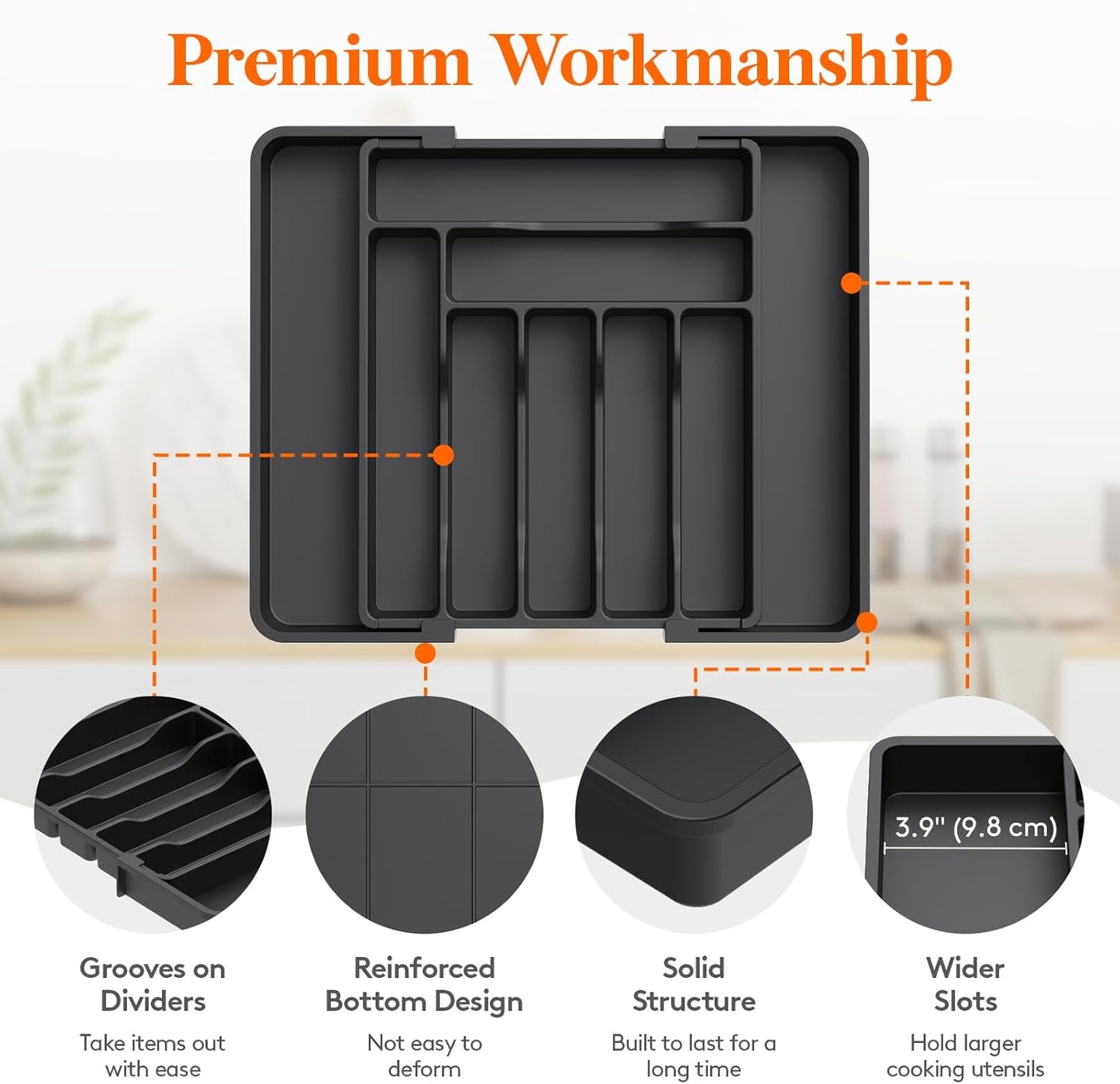Lifewit Utensil Organizer for Kitchen Drawer, Expandable Cooking Silverware Tray, Adjustable Cutlery Flatware Holder, Plastic Spatula Tools Storage Divider, 14.4 x 15.8", Black